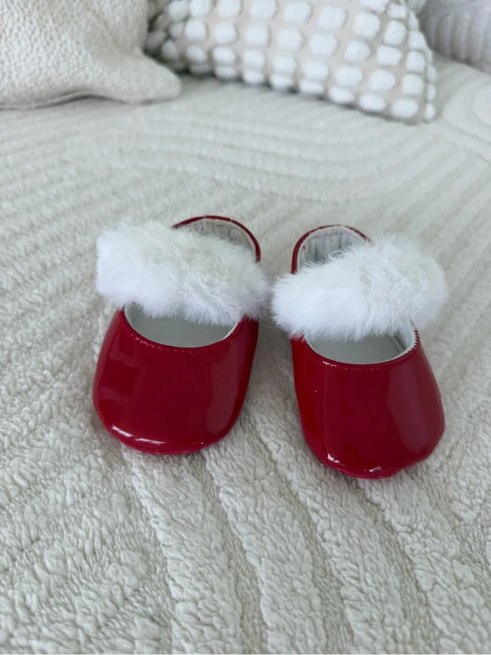 Toddler Red Patent Mary Jane Shoes with White Faux Fur Trim-CHRISTMAS BABY SHOES